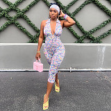 Colorful Printed Headband Wide Lapel Backless Knee Length Shorts Jumpsuit DZHT-D26JP188