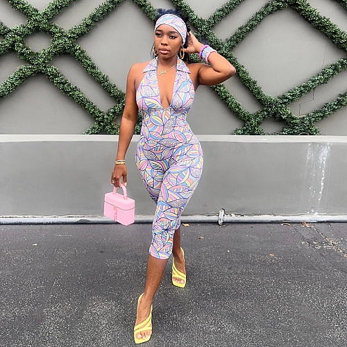 Colorful Printed Headband Wide Lapel Backless Knee Length Shorts Jumpsuit DZHT-D26JP188