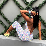 Colorful Printed Headband Wide Lapel Backless Knee Length Shorts Jumpsuit DZHT-D26JP188