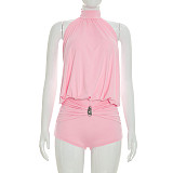 Wrap Neck Pleated Backless One-piece Short Pants DZHT-J26RP238