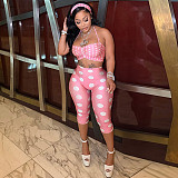 Suspenders Halter Tight Knee Length Pants Polka Dot Print Bandeau Three-piece Set DZHT-Q26ST076