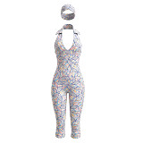 Colorful Printed Headband Wide Lapel Backless Knee Length Shorts Jumpsuit DZHT-D26JP188