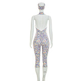 Colorful Printed Headband Wide Lapel Backless Knee Length Shorts Jumpsuit DZHT-D26JP188