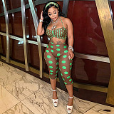 Suspenders Halter Tight Knee Length Pants Polka Dot Print Bandeau Three-piece Set DZHT-Q26ST076