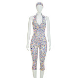 Colorful Printed Headband Wide Lapel Backless Knee Length Shorts Jumpsuit DZHT-D26JP188