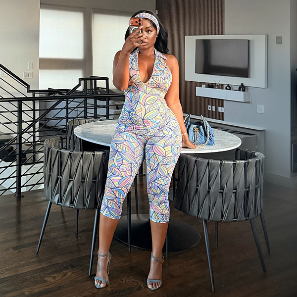 Colorful Printed Headband Wide Lapel Backless Knee Length Shorts Jumpsuit DZHT-D26JP188