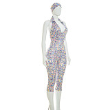 Colorful Printed Headband Wide Lapel Backless Knee Length Shorts Jumpsuit DZHT-D26JP188