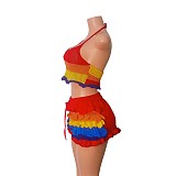 Colorful Striped Knitted Neck Wrap Top+ Ruffled Shorts Set RS-250829