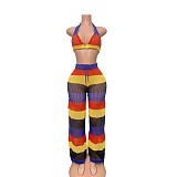 Colorful Striped Halter See-through Mesh Backless Wide Leg Knitted Set RS-250827