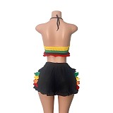 Colorful Striped Knitted Neck Wrap Top+ Ruffled Shorts Set RS-250829