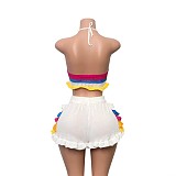 Colorful Striped Knitted Neck Wrap Top+ Ruffled Shorts Set RS-250829