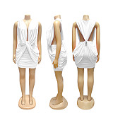 Solid Sleeveless Deep V-neck Low-cut Hollow Out Pleated Dress SFY-TW863