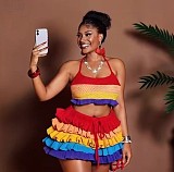 Colorful Striped Knitted Neck Wrap Top+ Ruffled Shorts Set RS-250829