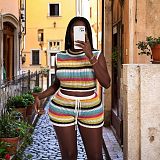 Striped Hollow Out Drawstring Vest High-waisted Shorts Knitted Beach Resort Set RS-250720
