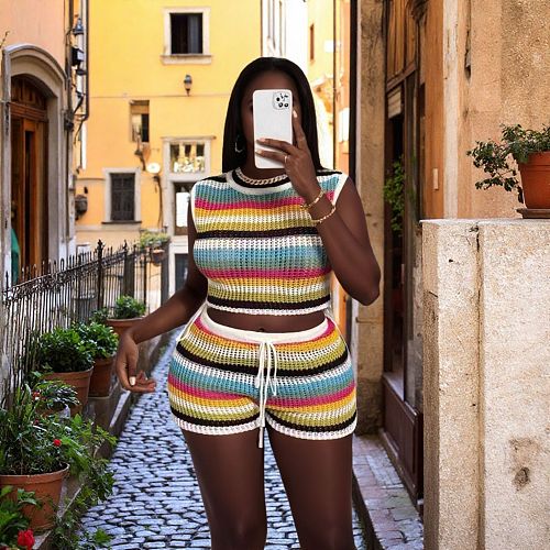 Striped Hollow Out Drawstring Vest High-waisted Shorts Knitted Beach Resort Set RS-250720