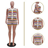 New Style Casual Colorful Striped Knitted Sleeveless Top Shorts Women'S Two-Piece Suit TR-1334