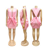 Solid Sleeveless Deep V-neck Low-cut Hollow Out Pleated Dress SFY-TW863