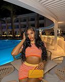 Orange Striped Knitted Round Neck Short Sleeve Mini Skirt Set XT-83023
