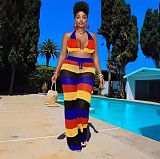 Colorful Striped Halter See-through Mesh Backless Wide Leg Knitted Set RS-250827