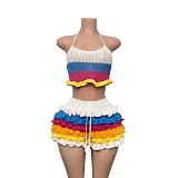 Colorful Striped Knitted Neck Wrap Top+ Ruffled Shorts Set RS-250829