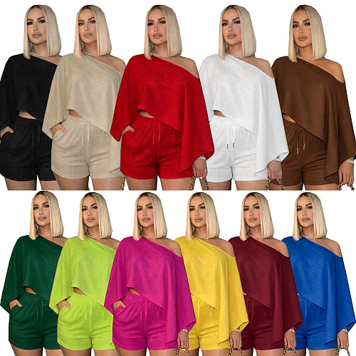 Solid-Color Chic Off-Shoulder Loose Top & Shorts Casual Two-Piece Set SFY-TW870