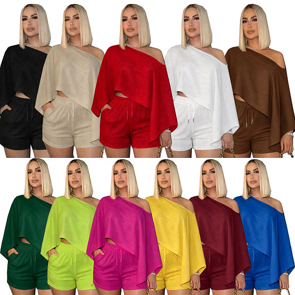 Solid-Color Chic Off-Shoulder Loose Top & Shorts Casual Two-Piece Set SFY-TW870