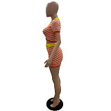 Orange Striped Knitted Round Neck Short Sleeve Mini Skirt Set XT-83023