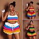 Colorful Striped Knitted Neck Wrap Top+ Ruffled Shorts Set RS-250829