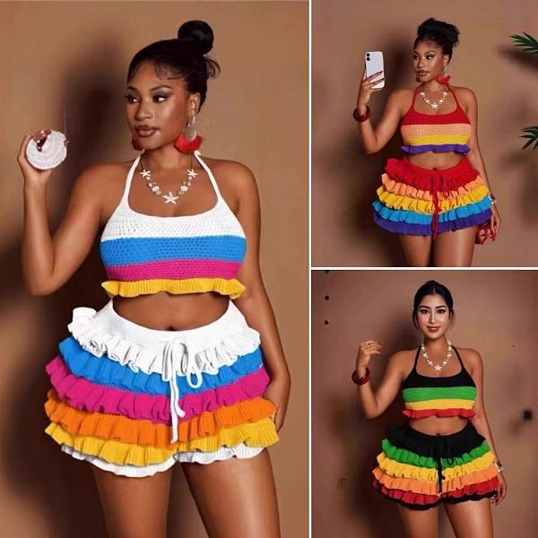Colorful Striped Knitted Neck Wrap Top+ Ruffled Shorts Set RS-250829