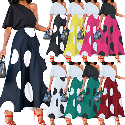 Off Shoulder Short Sleeved Polka Dot Beachwear Elegant Skate Dress RS-3242