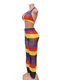 Colorful Striped Halter See-through Mesh Backless Wide Leg Knitted Set RS-250827
