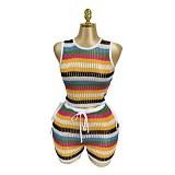 Striped Hollow Out Drawstring Vest High-waisted Shorts Knitted Beach Resort Set RS-250720