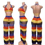 Colorful Striped Halter See-through Mesh Backless Wide Leg Knitted Set RS-250827