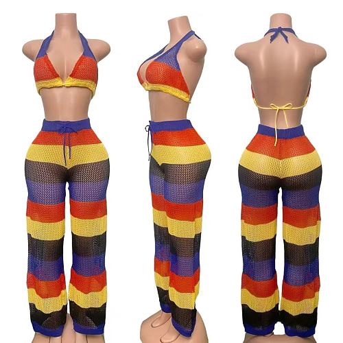 Colorful Striped Halter See-through Mesh Backless Wide Leg Knitted Set RS-250827