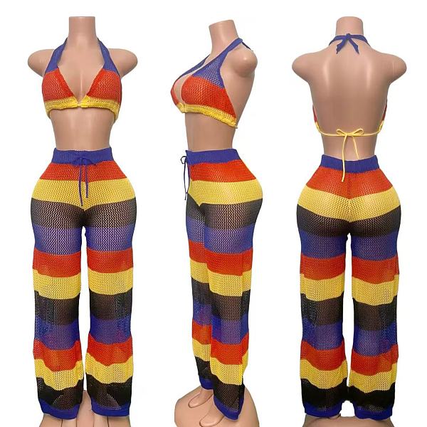 Colorful Striped Halter See-through Mesh Backless Wide Leg Knitted Set RS-250827