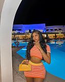 Orange Striped Knitted Round Neck Short Sleeve Mini Skirt Set XT-83023