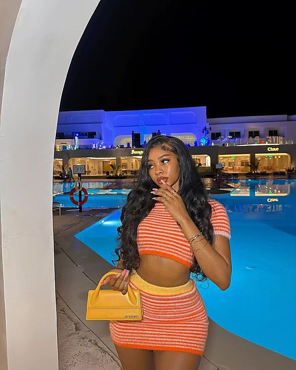 Orange Striped Knitted Round Neck Short Sleeve Mini Skirt Set XT-83023