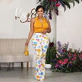2026 Wrap Hip Slim Flower Patten Flared Pants RS-3015