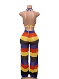Colorful Striped Halter See-through Mesh Backless Wide Leg Knitted Set RS-250827