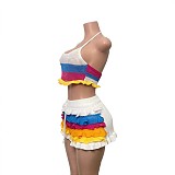 Colorful Striped Knitted Neck Wrap Top+ Ruffled Shorts Set RS-250829