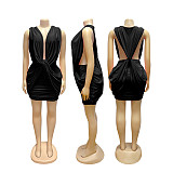 Solid Sleeveless Deep V-neck Low-cut Hollow Out Pleated Dress SFY-TW863