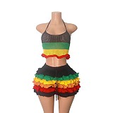Colorful Striped Knitted Neck Wrap Top+ Ruffled Shorts Set RS-250829