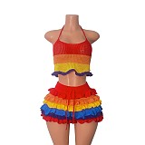 Colorful Striped Knitted Neck Wrap Top+ Ruffled Shorts Set RS-250829