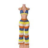 Colorful Striped Halter See-through Mesh Backless Wide Leg Knitted Set RS-250827