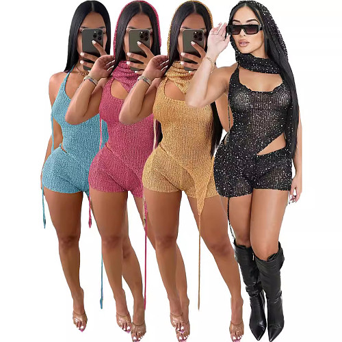 Sexy Knitted Sequin Irregular 3 Piece Shorts Set XT-8187