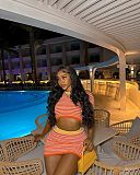 Orange Striped Knitted Round Neck Short Sleeve Mini Skirt Set XT-83023