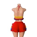 Colorful Striped Knitted Neck Wrap Top+ Ruffled Shorts Set RS-250829