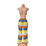 Colorful Striped Halter See-through Mesh Backless Wide Leg Knitted Set RS-250827