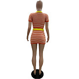 Orange Striped Knitted Round Neck Short Sleeve Mini Skirt Set XT-83023