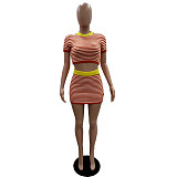 Orange Striped Knitted Round Neck Short Sleeve Mini Skirt Set XT-83023
